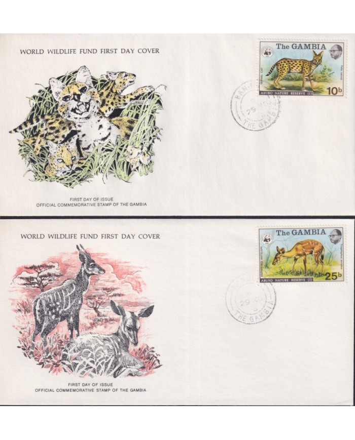 F-EX60806 GAMBIA WWF 1976 FDC SPECIAL PRINTING WILDLIFE LEOPARD SERVAL CAT ANTELOPE SITATUNGA.