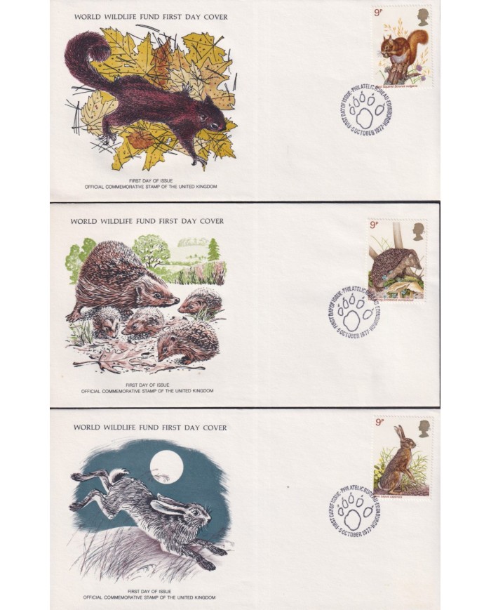 F-EX60810 ENGLAND UK WWF 1977 FDC SPECIAL PRINTING WILDLIFE SQUIRREL OTTER BADGER.