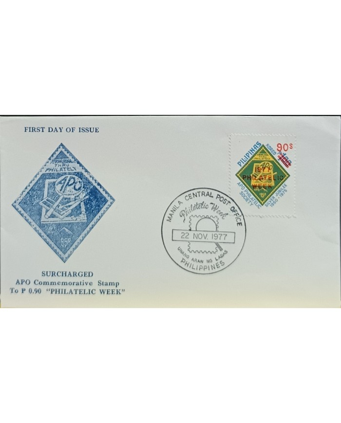 F-EX60671 PHILIPPINES IS 1977 FDC PHILATELIC WEEK NEW VALUE OVERPRINT.