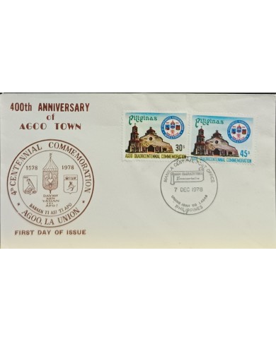 F-EX60691 PHILIPPINES IS 1978 FDC 400th ANNIV AGOO, LA UNION, TOWN BUILDING CHURCH.