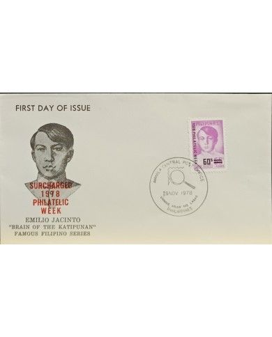 F-EX60695 PHILIPPINES IS 1978 FDC EMILIO JACINTO SURCHARGED PHILATELIC WEEK NEW VALUE.