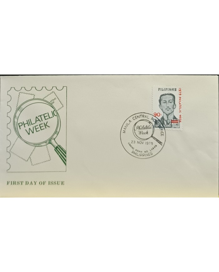 F-EX60702 PHILIPPINES IS 1979 FDC FELIPE ARONCILLO SURCHARGED PHILATELIC WEEK NEW VALUE.