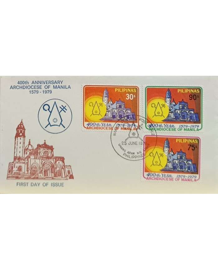 F-EX60709 PHILIPPINES IS 1979 FDC 400th ANNIV ARCHDIOCESE OF MANILA CHURCH BUILDING.