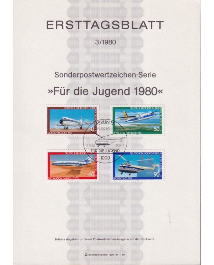 F-EX61112 GERMANY BERLIN 1980 ERSTTAGSBLATT 3/1980 AVION AIRPLANE HELICOPTER.