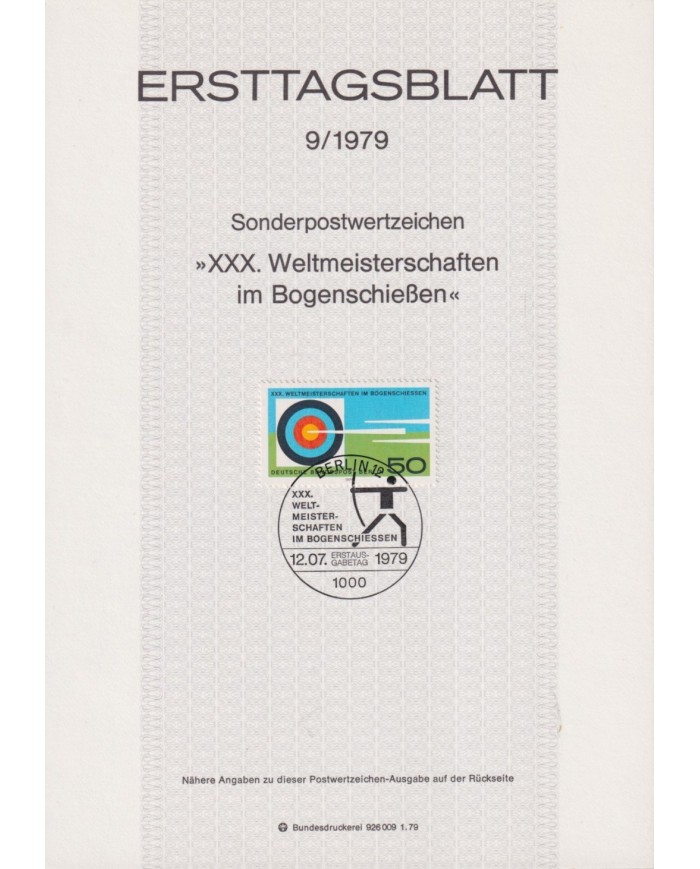 F-EX61119 GERMANY BERLIN 1979 ERSTTAGSBLATT 9/1979 ARCHERY CHAMPIONSHIP.