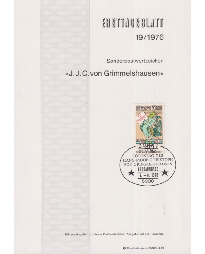 F-EX61127 GERMANY 1976 ERSTTAGSBLATT 19/1976 JJC VON GRIMMELSHAUSEN A.