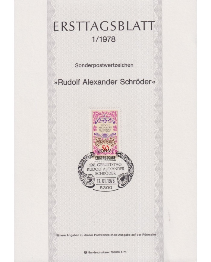 F-EX61128 GERMANY 1978 ERSTTAGSBLATT 1/1978 CENT RUDOLF ALEXANDER SCHRÖDER.