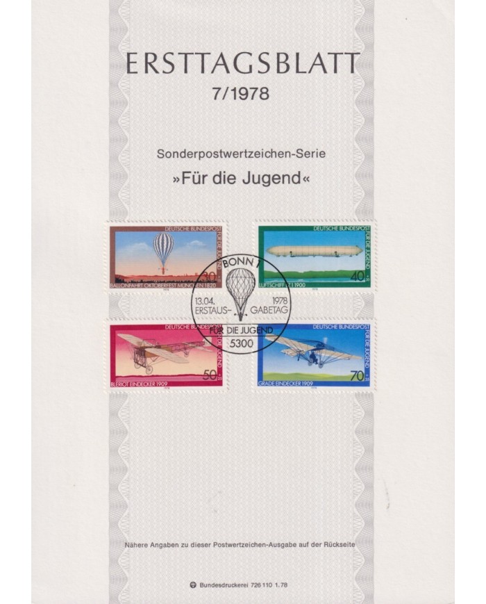 F-EX61133 GERMANY 1978 ERSTTAGSBLATT 7/1978 GLOBE AIRPLANE ZEPPELIN.