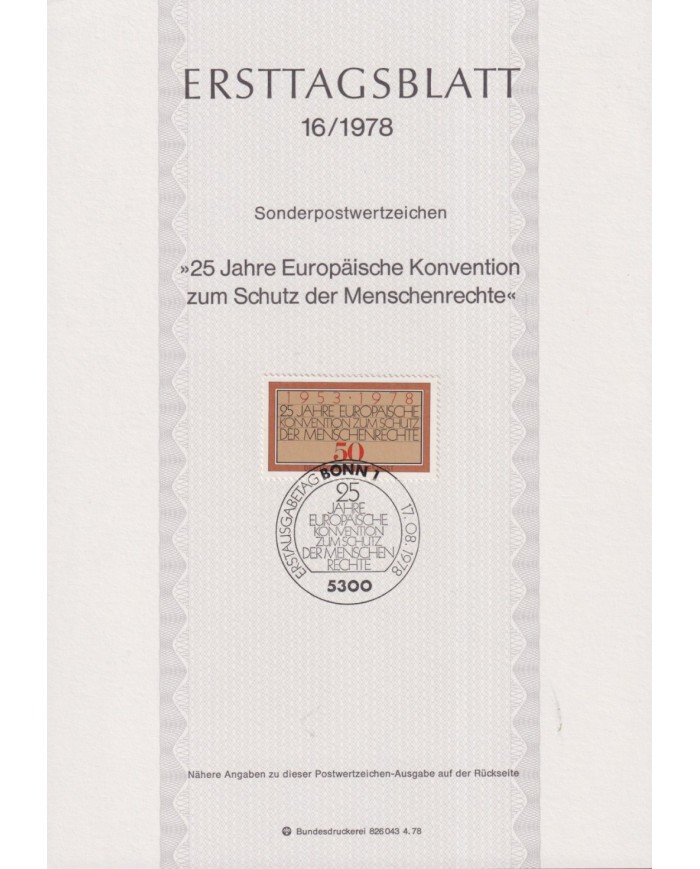 F-EX61140 GERMANY 1978 ERSTTAGSBLATT 16/1978 25th ANNIV EUROPEAN HUMAN RIGHT CONVENTION.