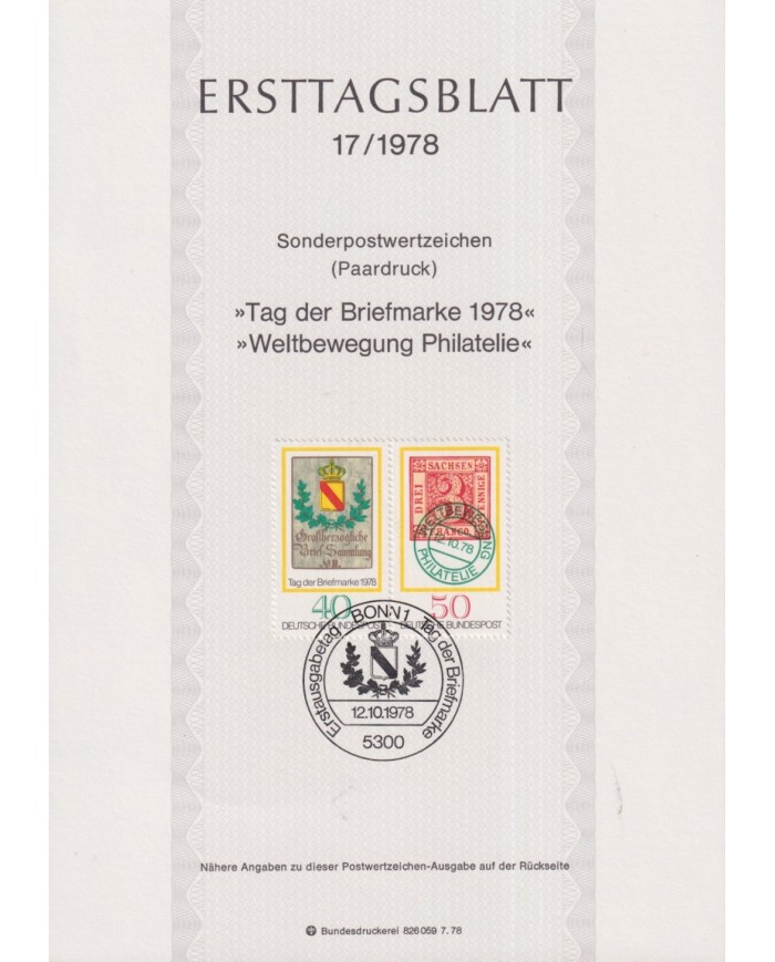 F-EX61141 GERMANY 1978 ERSTTAGSBLATT 17/1978 PHILATELIC EXPO.