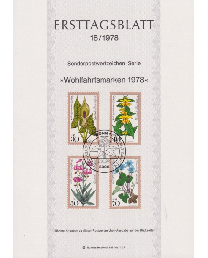 F-EX61142 GERMANY 1978 ERSTTAGSBLATT 18/1978 CHARTY SEMIPOSTAL FLOWER FLORES.