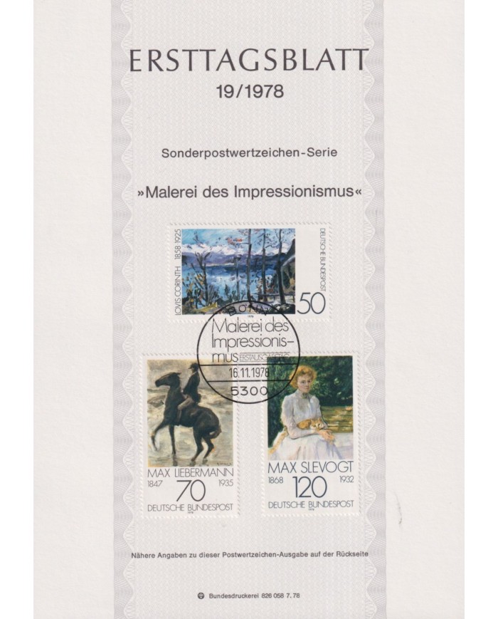 F-EX61143 GERMANY 1978 ERSTTAGSBLATT 19/1978 ART PAINTING LIEBERMAN SLEVOGT CORINTH.