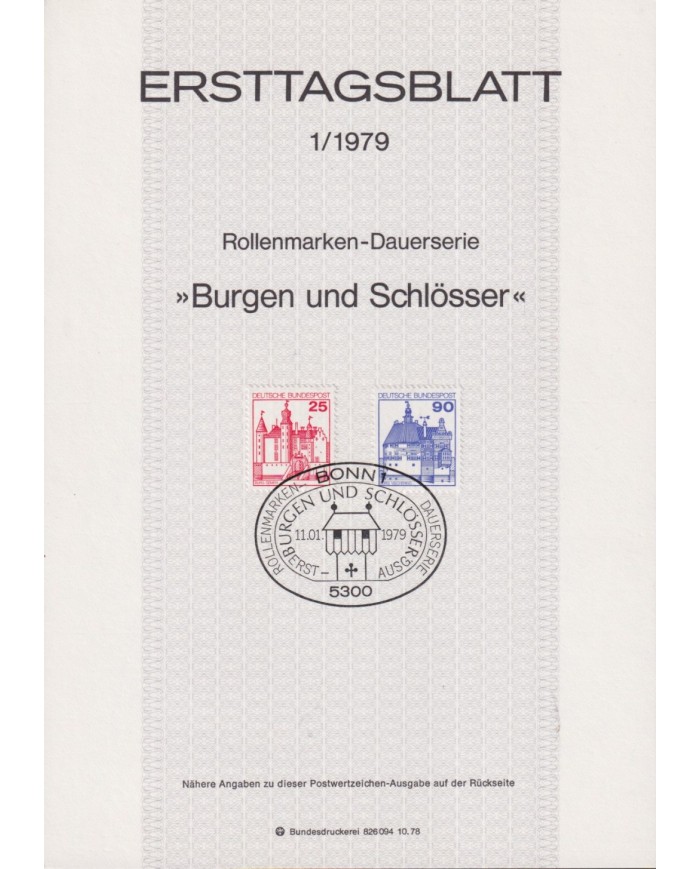 F-EX61147 GERMANY 1979 ERSTTAGSBLATT 1/1979 TOWN & CASTLES.