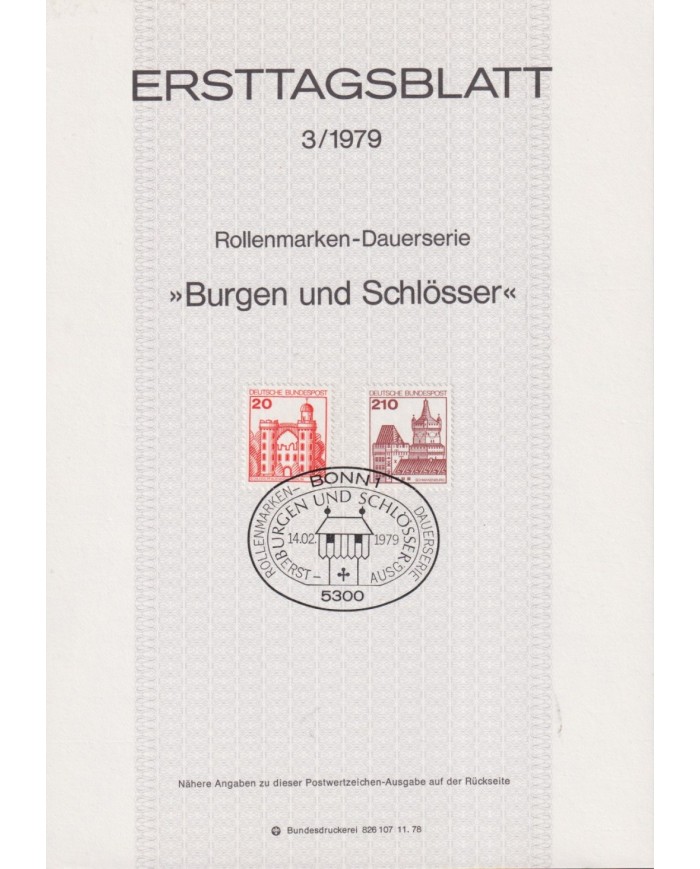F-EX61149 GERMANY 1979 ERSTTAGSBLATT 3/1979 TOWN & CASTLES.