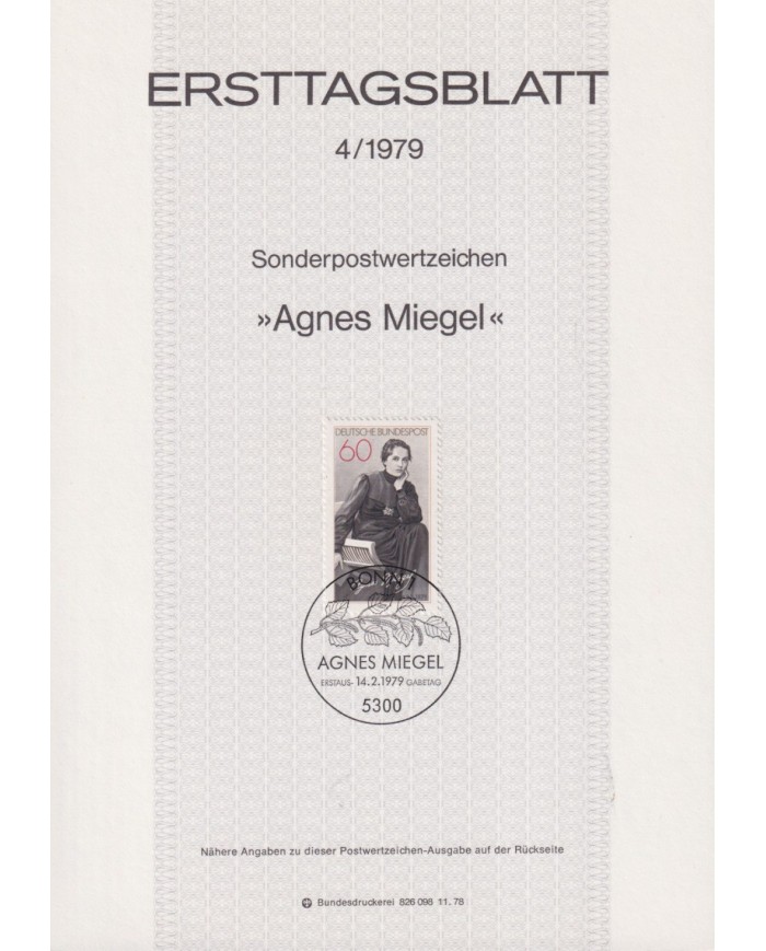F-EX61150 GERMANY 1979 ERSTTAGSBLATT 4/1979 AFNES MIEGEL.