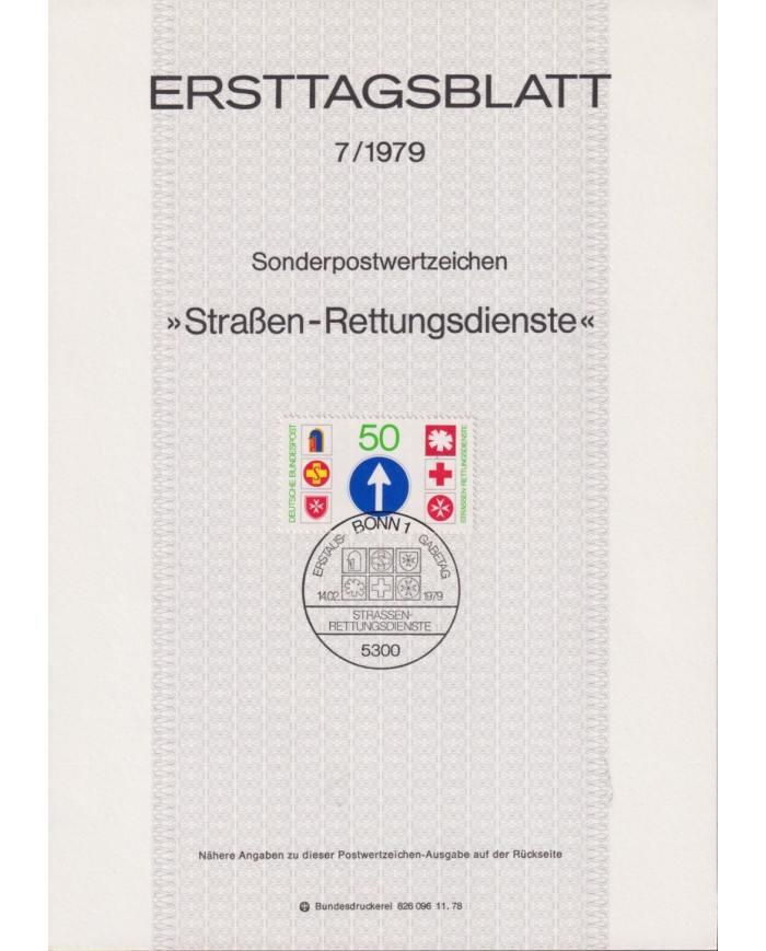 F-EX61153 GERMANY 1979 ERSTTAGSBLATT 7/1979 TRAFFIC & RECUE SIGN.