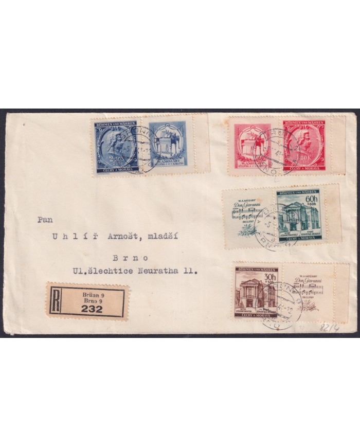 F-EX32635 BOHEME MORAVIA WWII 1941 REGISTERED COVER MOZARD MUSIC CINDERELLA.