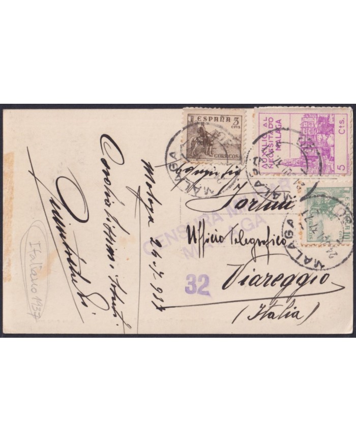 F-EX32637 SPAIN ESPAÑA 1937 POSTAL PRO-MALAGA CINDERELLA CENSORSHIP TO ITALY.