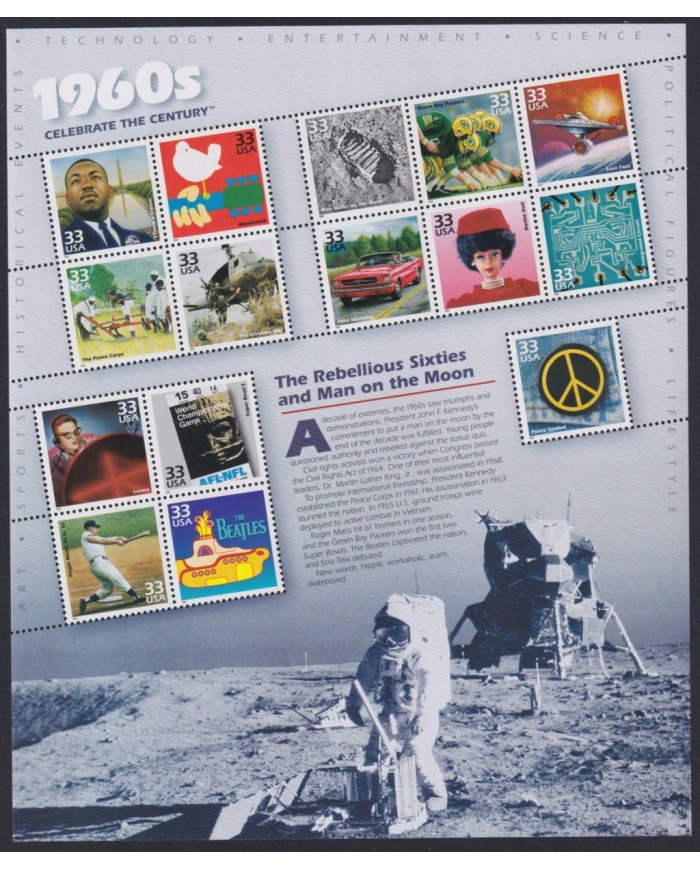F-EX58065 US USA MNH 1999 SHEET CELEBRATING DE CENTURY 1960´s DECADE.