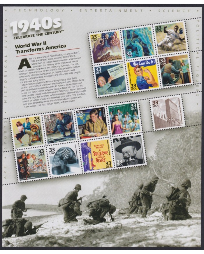 F-EX58067 US USA MNH 1999 SHEET CELEBRATING DE CENTURY 1940´s DECADE.