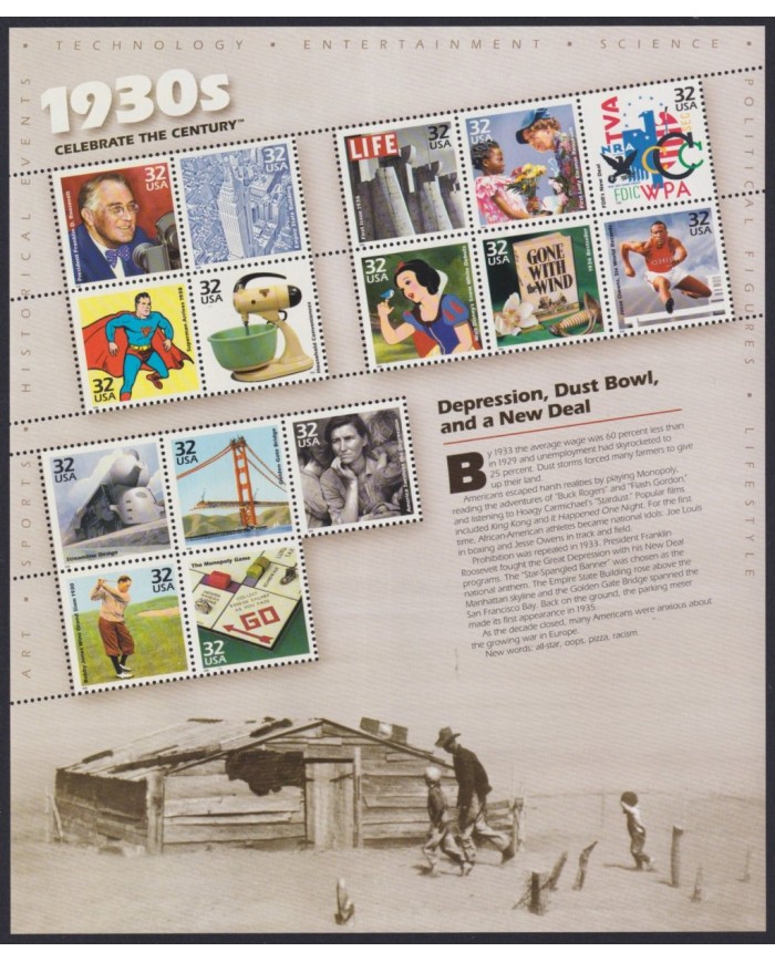 F-EX58068 US USA MNH 1999 SHEET CELEBRATING DE CENTURY 1930´s DECADE.