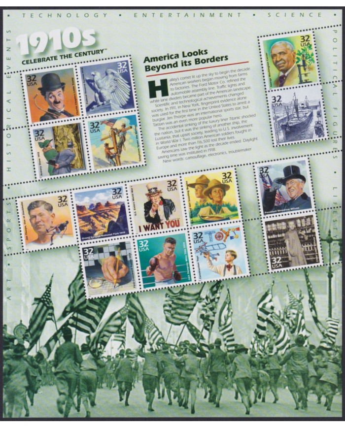 F-EX58070 US USA MNH 1998 SHEET CELEBRATING DE CENTURY 1910´s DECADE.