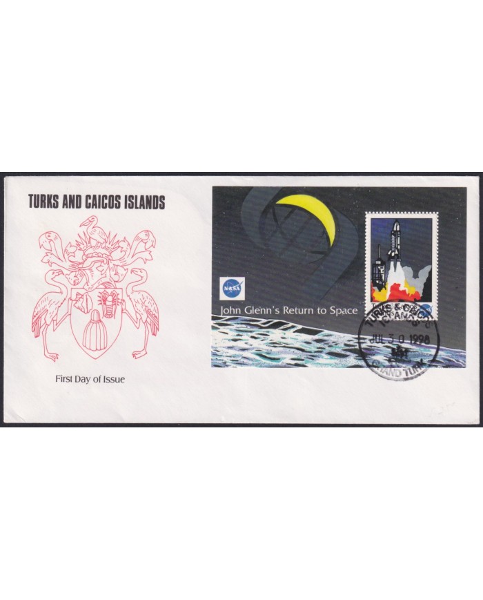 F-EX59778 TURKS & CAICOS FDC 1998 GLENN RETURN TO SPACE COSMOS SATELLITE.
