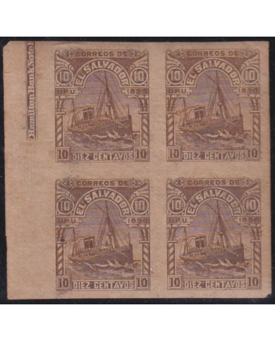 F-EX61020 EL SALVADOR 1896 SHIP IMPERF PROOF BLOCK 4 ORIGINAL GUM.