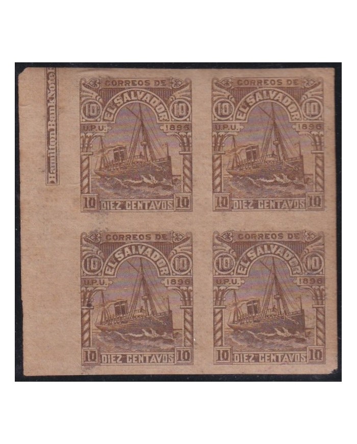 F-EX61020 EL SALVADOR 1896 SHIP IMPERF PROOF BLOCK 4 ORIGINAL GUM.