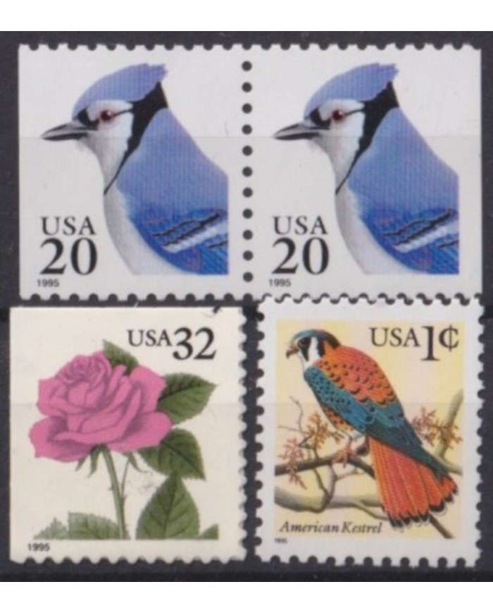 F-EX61319 USA US MNH 1995 FLOWERS ROSE CARDINAL KESTREL.