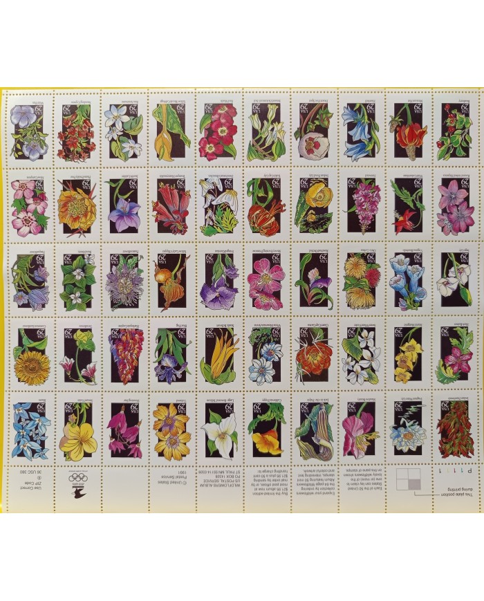 F-EX58085 USA US MNH 1991 COMPLET SHEET OF 50 STATES FLOWERS.