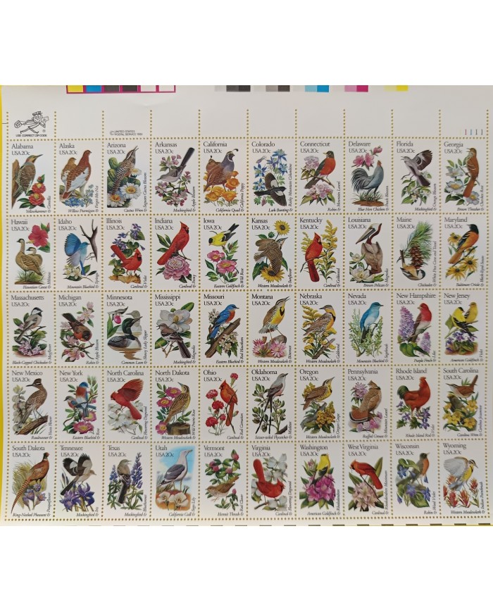 F-EX58087 USA US MNH 1981 COMPLET SHEET OF 50 STATES BIRD OISEAUX VÖGEL.