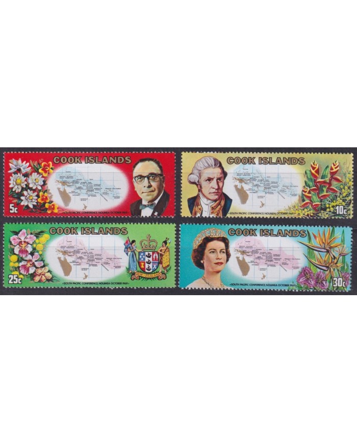F-EX61709 COOK IS MNH 1969 FLOWER FLORES CAPTAIN COOK MAPS QUEEN.
