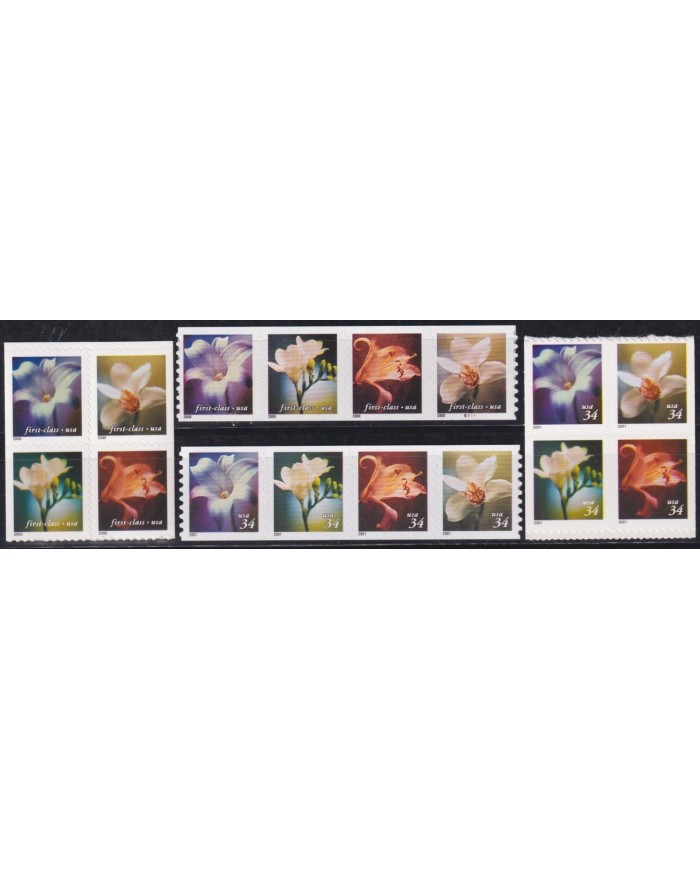 F-EX61387 USA US MNH 2000-2001 FLOWER FLORES BOOKLED ADHESIVE.