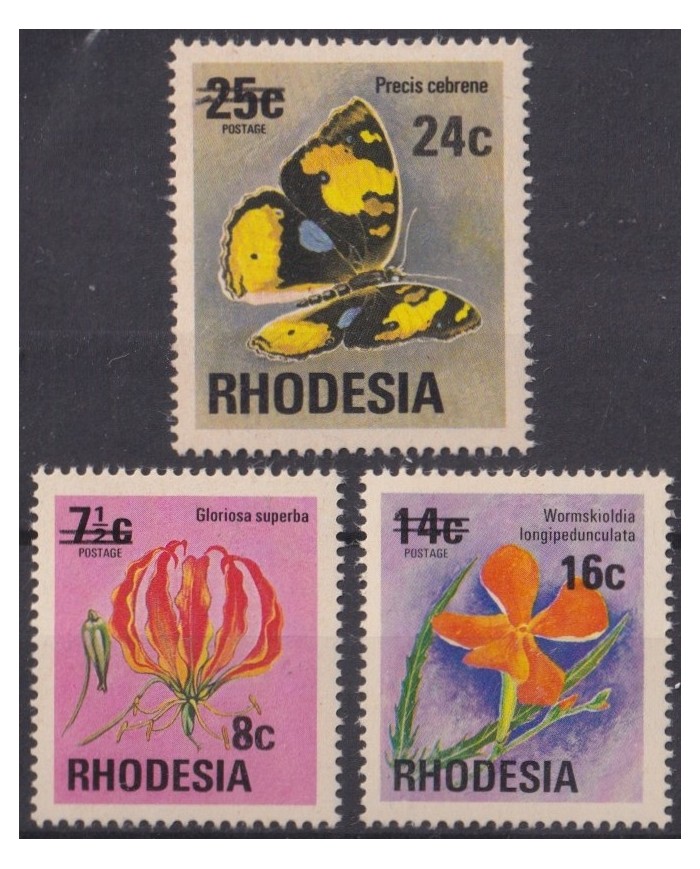 F-EX61634 RHODESIA MNH 1978 FAUNA BUTTERFLIES FLOWER OVERPRINTED.