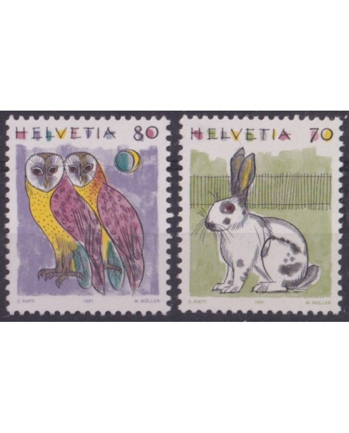 F-EX61622 SWIZERLAND MNH 1991 FAUNA WILDLIFE CONSERVATION RABBIT OWL BIRD.