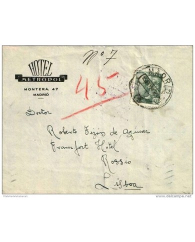 F-EX551 SPAIN ESPAÑA OLD  COVER HOTEL METROPOL 1945 TO PORTUGAL. CENSORSHIP