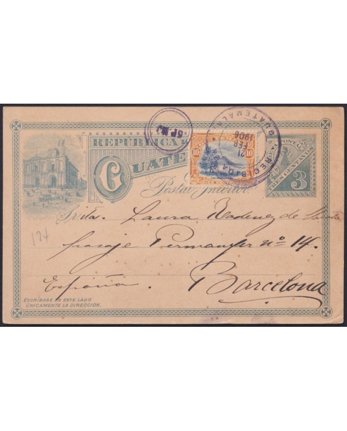 F-EX57572 GUATEMALA 1906 3c POSTAL STATIONERY TO BARCELONA SPAIN.