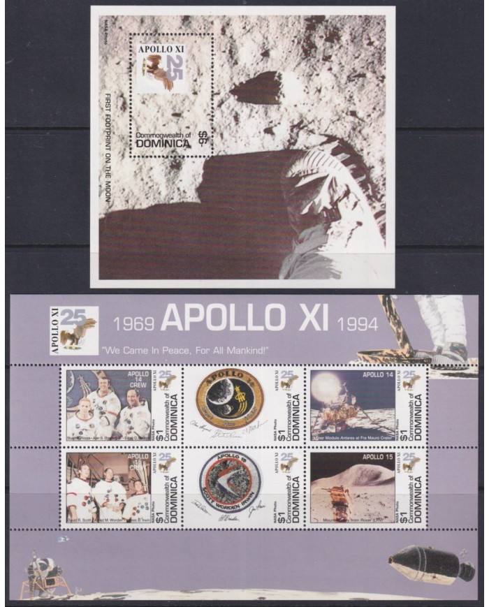 F-EX62521 DOMINICA MNH 1994 SPACE COSMOS 25th APOLLO XI MANNED MOONLANDING ROCKET.