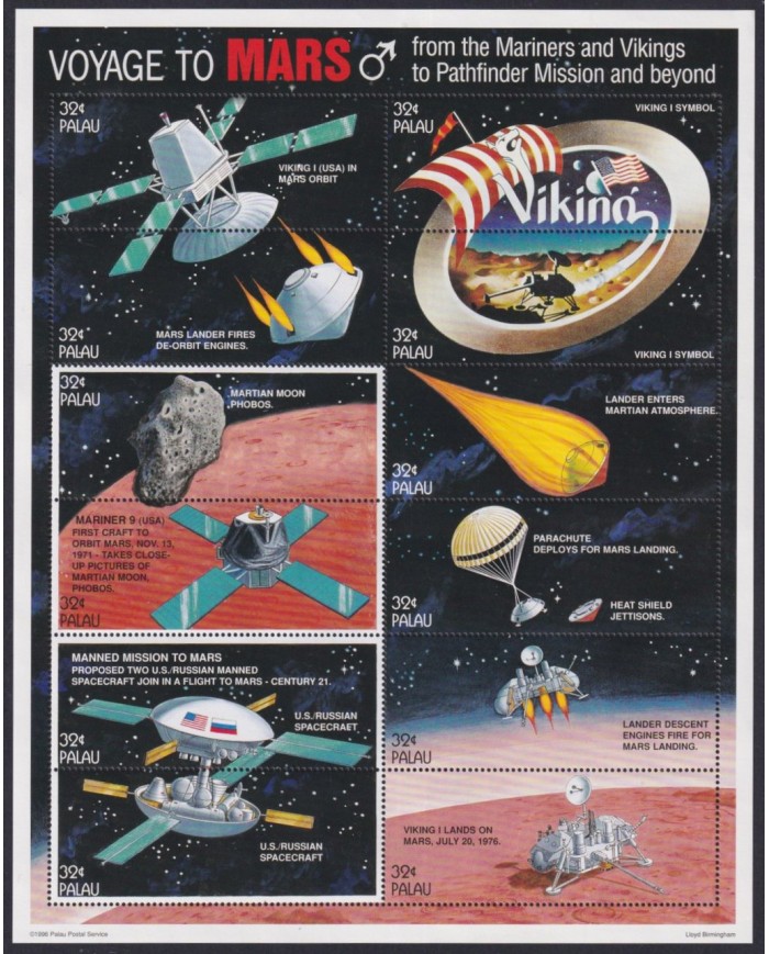 F-EX62227 PALAU IS MNH 1996 SPACE EXPLORATION MARS MARINER VIKINGS SATELLITE.