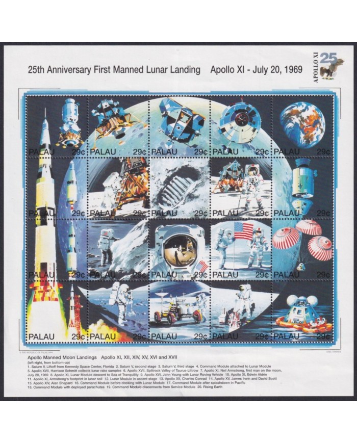 F-EX62226 PALAU MNH 1994 SPACE COSMOS 25th ANNIV APOLLO 11 MOONLANDING ROCKET.