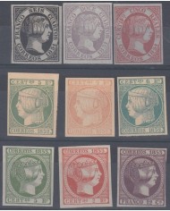 FAC-126 SPAIN ESPAÑA FACSIMILE SEGUI FORGERY ISABEL II 1851-53 LOT OF 9 DIFFERENT.