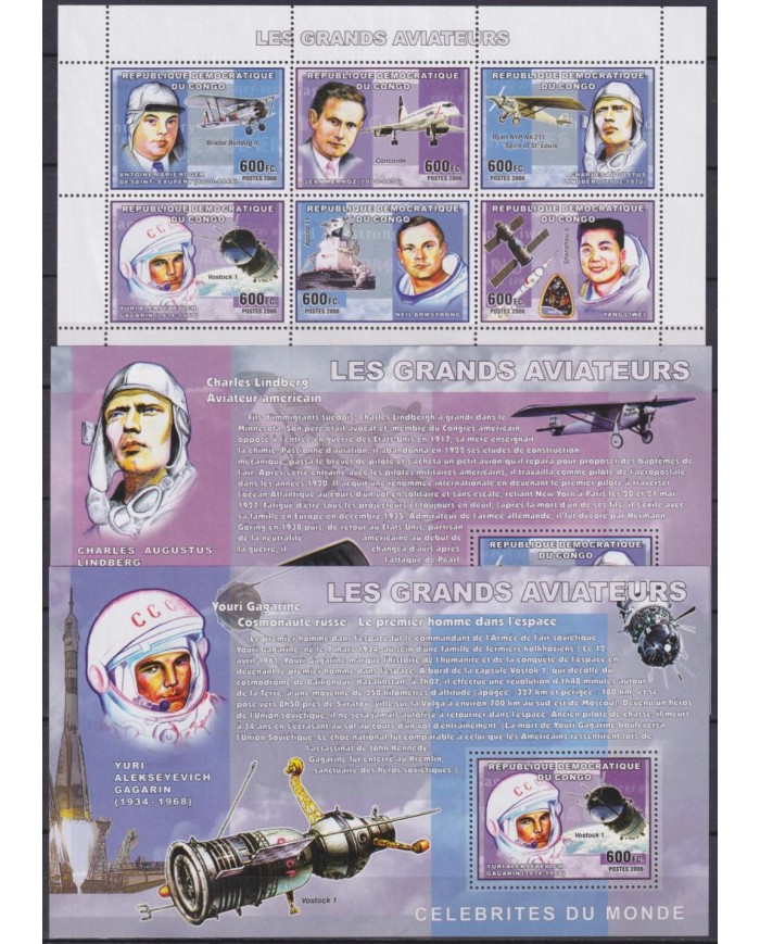 F-EX62168 CONGO MNH 2006 AVIATORS SPACE EXPLORATION COSMOS SATELLITE ROCKET LINDBERGHT GAGARIN ARMSTRONG.