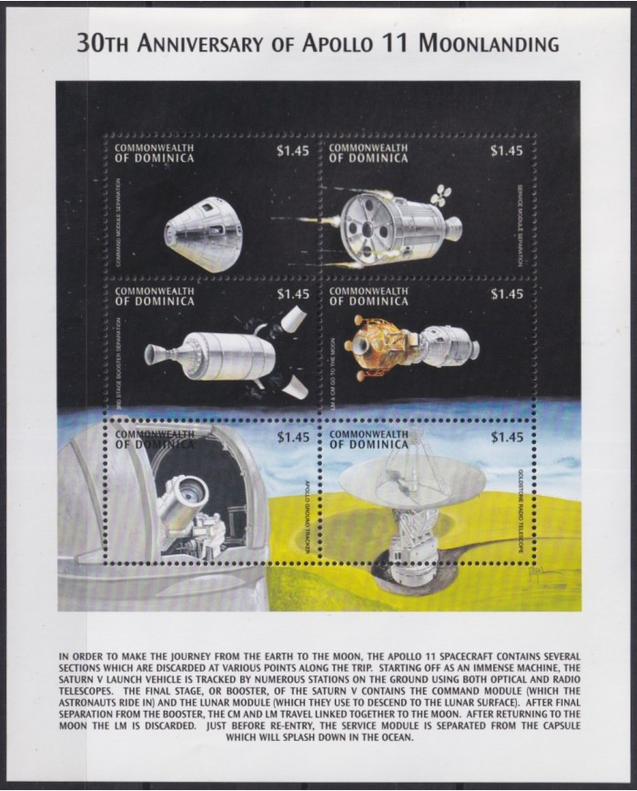 F-EX62173 DOMINICA MNH 1999 30th APOLLO 11 MOONLANDING SPACE EXPLORATION COSMOS SATELLITE ROCKET.