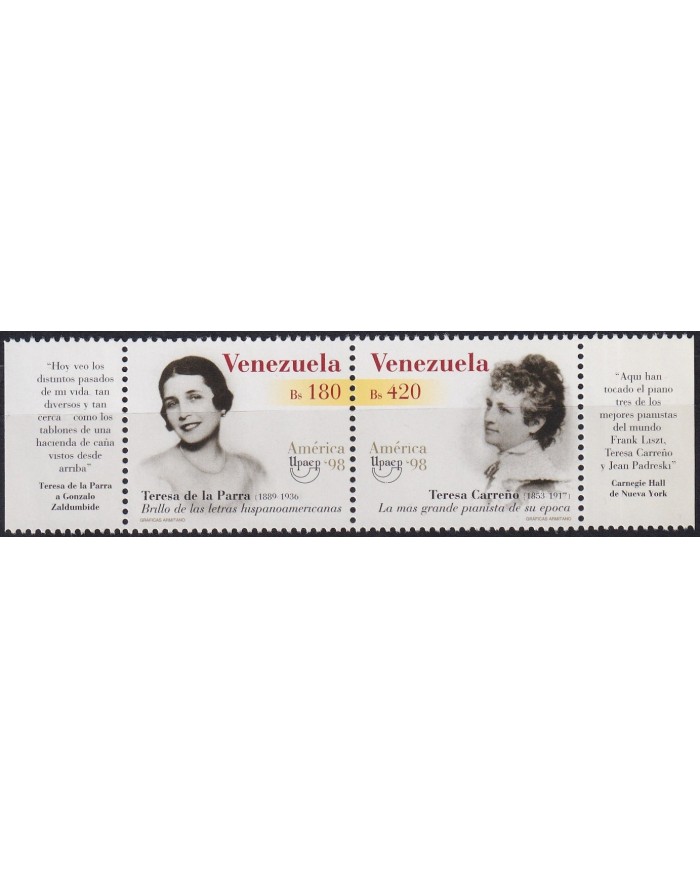 F-EX63107 VENEZUELA MNH 1998 AMERICA UPAEP GREAT WOMAN TERESA PARRA CARREÑO.