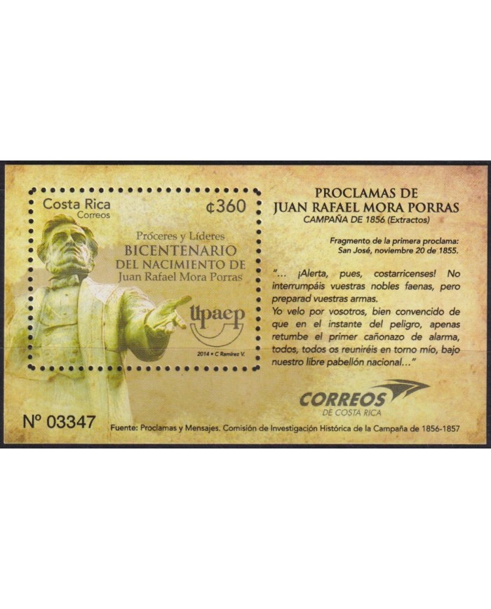 F-EX63151 COSTA RICA MNH 2014 AMERICA UPAEP LEADERS JUAN RAFAEL MORA TORRAS.