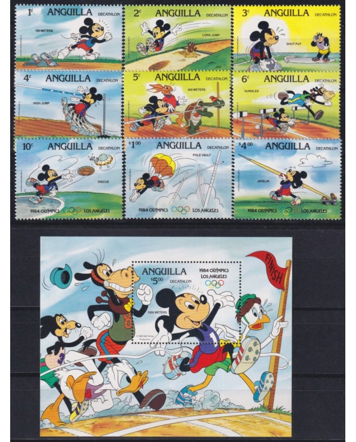 F-EX62782 ANGUILLA MNH 1984 LOS ANGELES OLYMPIC GAMES WALT DISNEY MICKEY MOUSE.