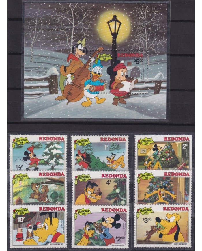 F-EX62825 REDONDA MNH 1981 CHRISTMAS WALT DISNEY MICKEY MOUSE DONALD DUCK PLUTO.