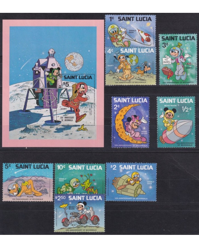 F-EX62830 ST LUCIA MNH 1979 WALT DISNEY 10th ANNIV MOONWALK MICKEY MOUSE GOOFY DONALD DUCK.