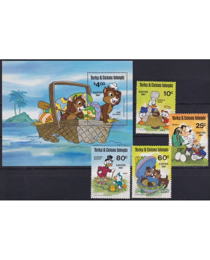 F-EX62840 TURKS & CAICOS MNH 1981 EASTER WALT DISNEY MICKEY MOUSE DONALD DUCK PLUTO GOOFY.